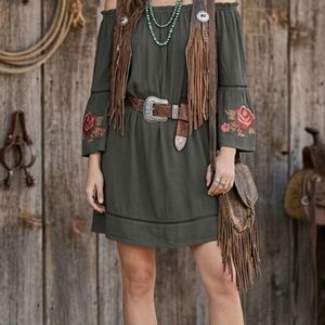 Knox Rose Olive Green Off-Shoulder Mini Dress with Rose Embroidery